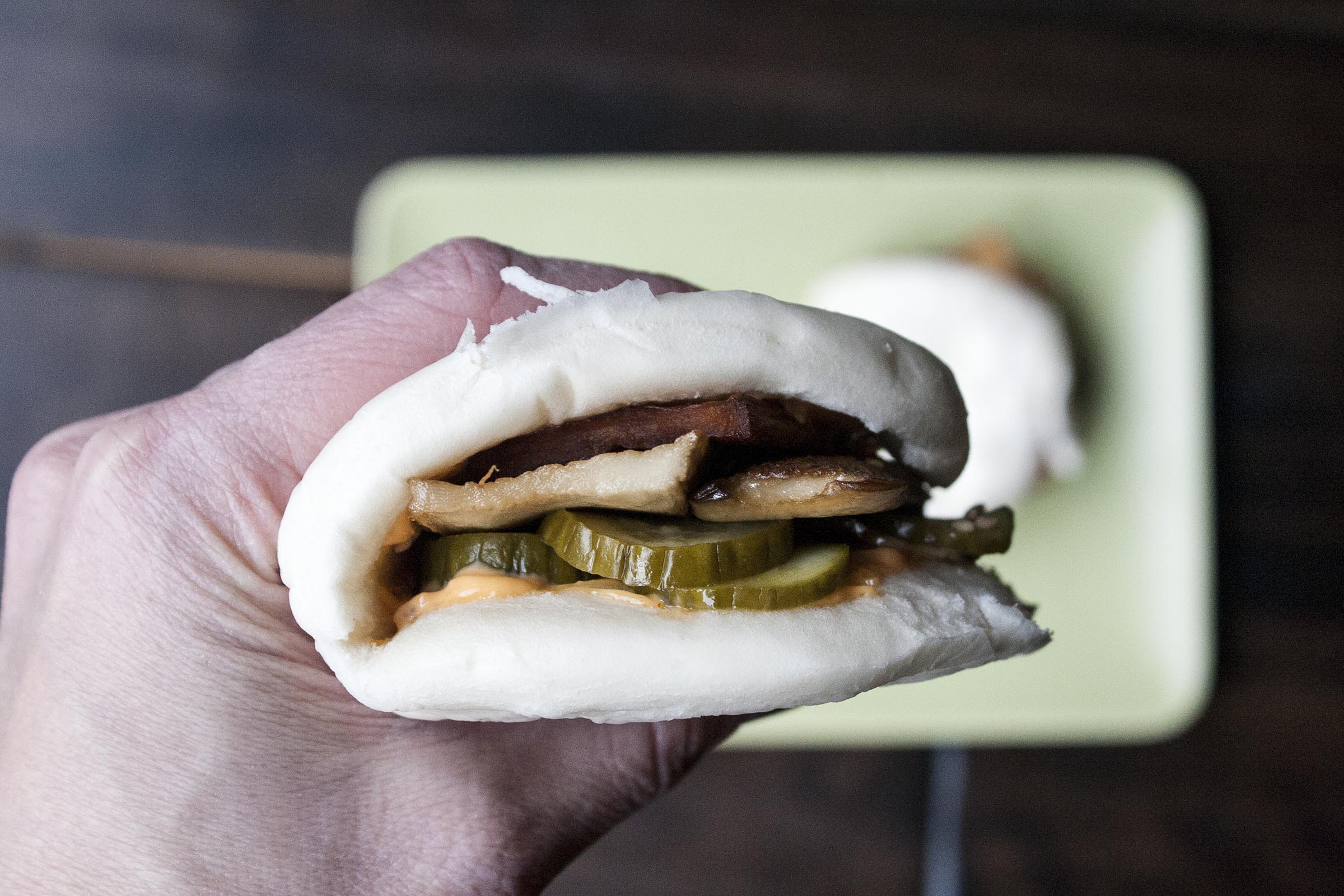 Steamed Bun filled with Sesame Chili Mayo, Rice Vinegar Pickles and Roasted King Mushrooms. lifeaswecookit.com
