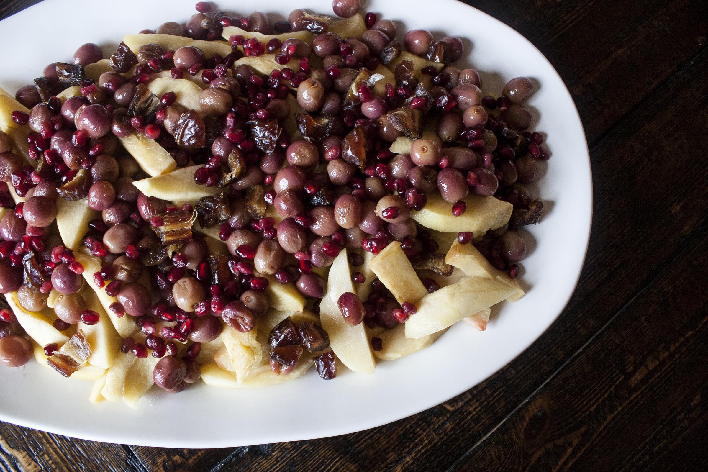 A Winter Fruit Salad: Roasted Apples, Roasted Grapes, Sliced Dates and Pomegranate Seeds. I lifeaswecookit.com