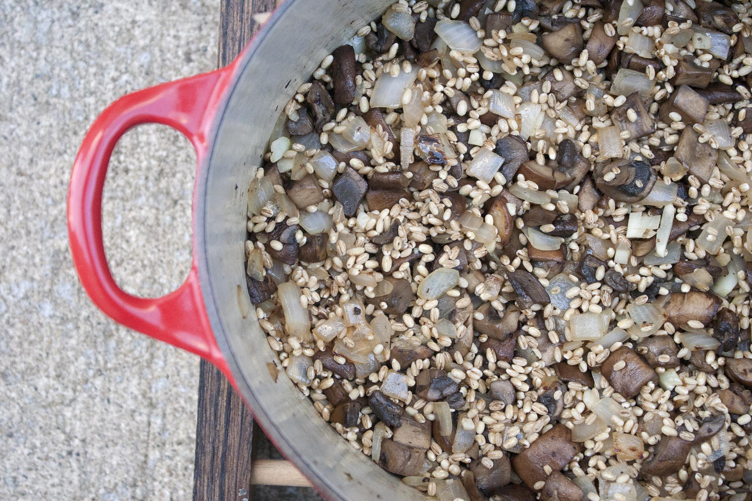 Sautéed Mushrooms, Onions, Garlic and Raw Barley for Baked Barley Risotto. lifeaswecookit.com