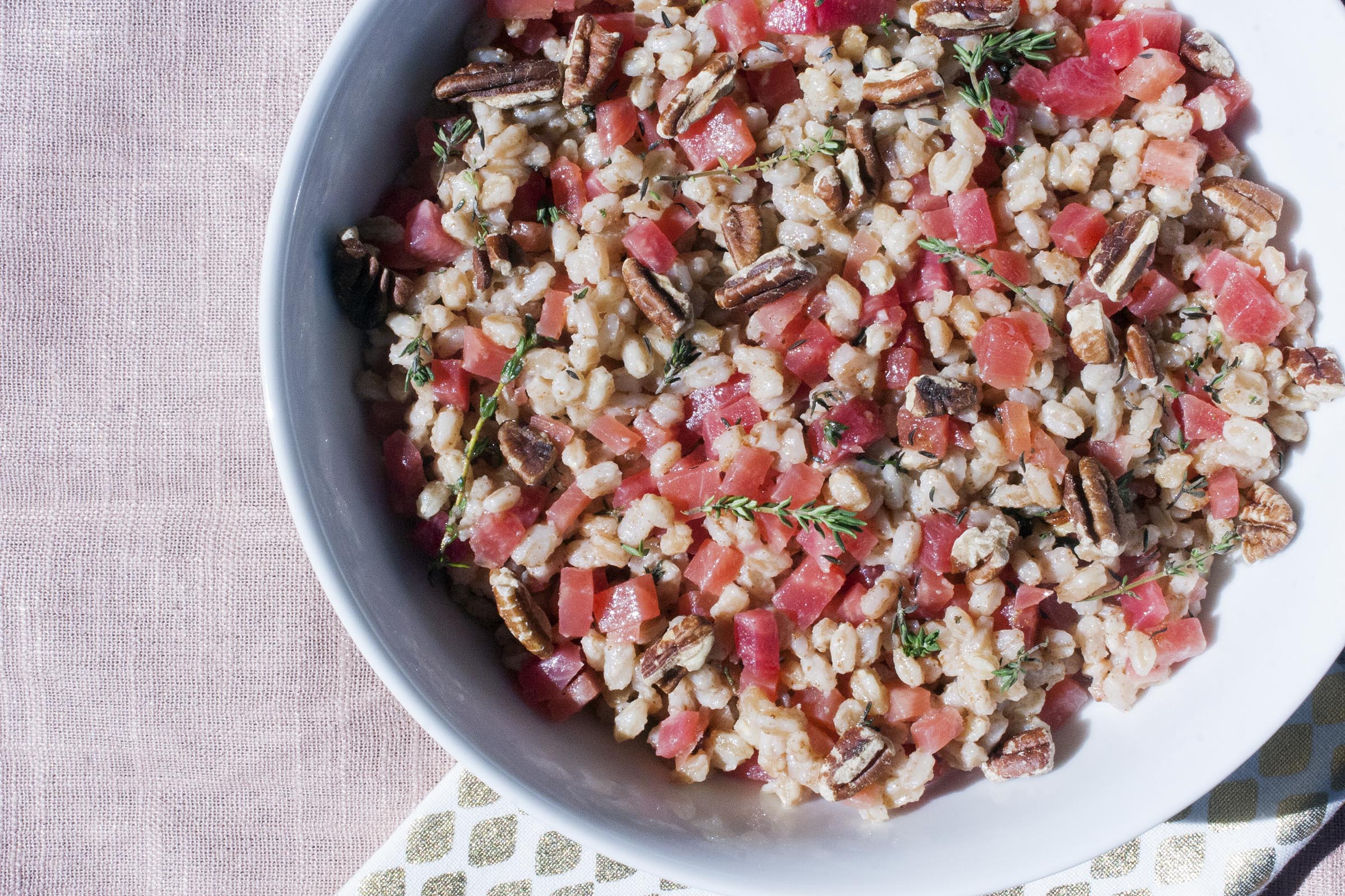 Tender Farro tossed with Browned Butter Beets, Thyme and Toasted Pecans. A meal, side dish or salad topper. www.lifeaswecookit.com