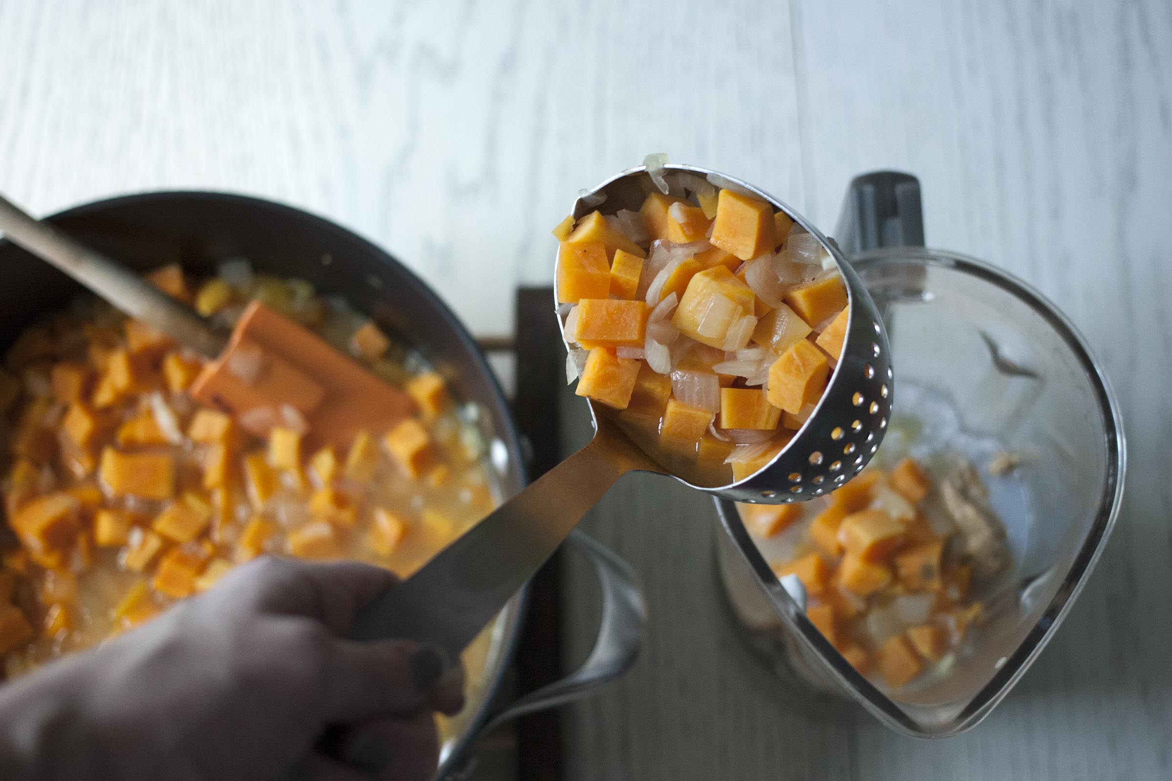 Ingredients for Sweet Potato & Corn chowder, about to be blended. lifeaswecookit.com