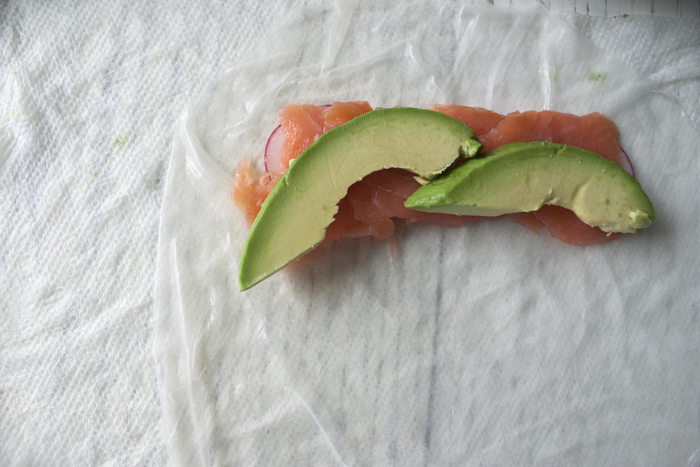 Assembling the Avocado and Smoked Salmon Summer Roll