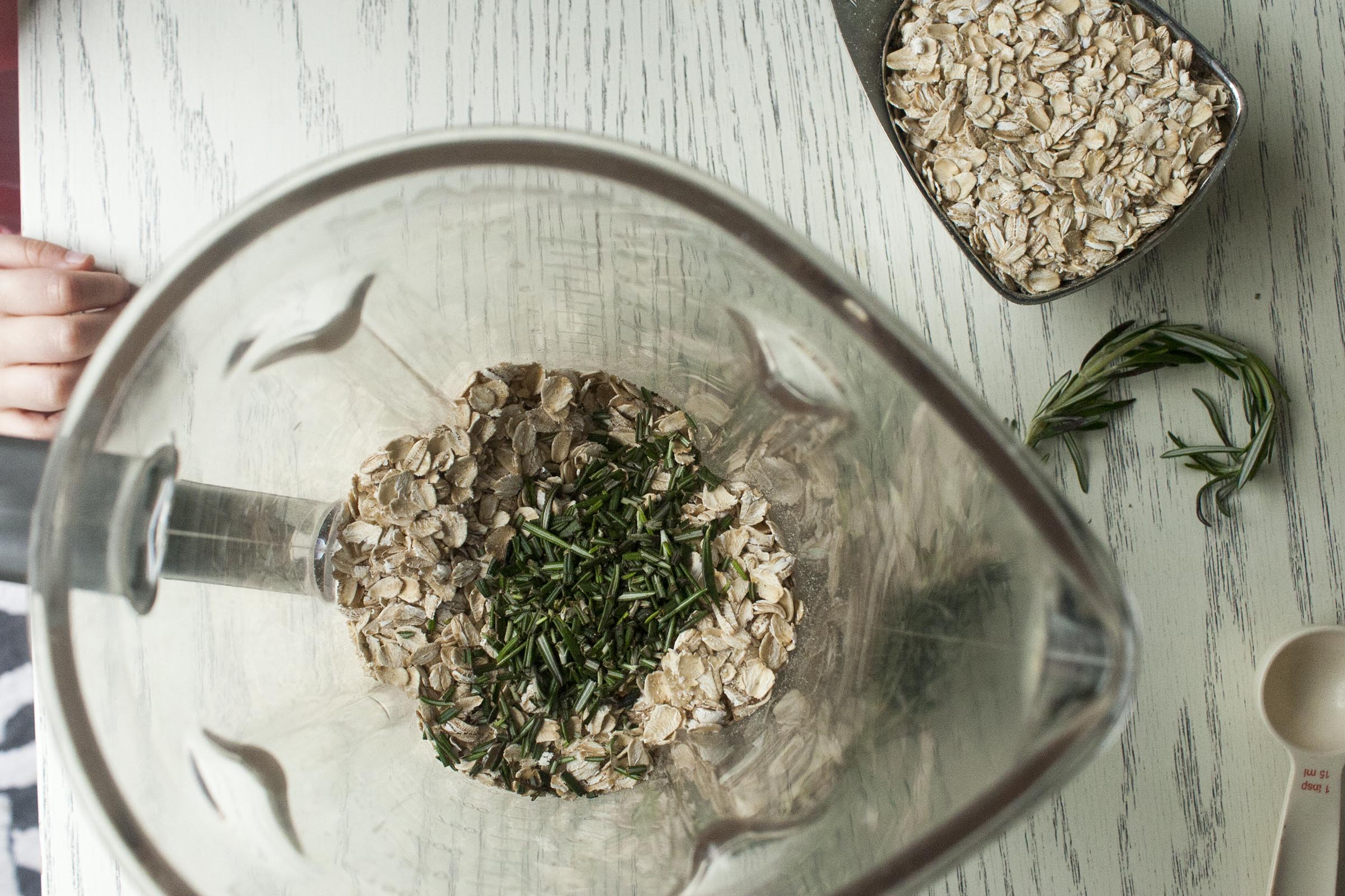 About to blend Oats and Rosemary for Salted Rosemary Oat Bark. www.lifeaswecookit.com