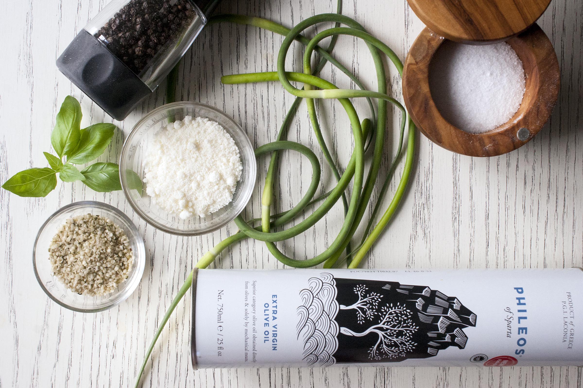 The ingredients for quick, quirky Garlic Scape & Hemp Seed Pesto. www.lifeaswecookit.com