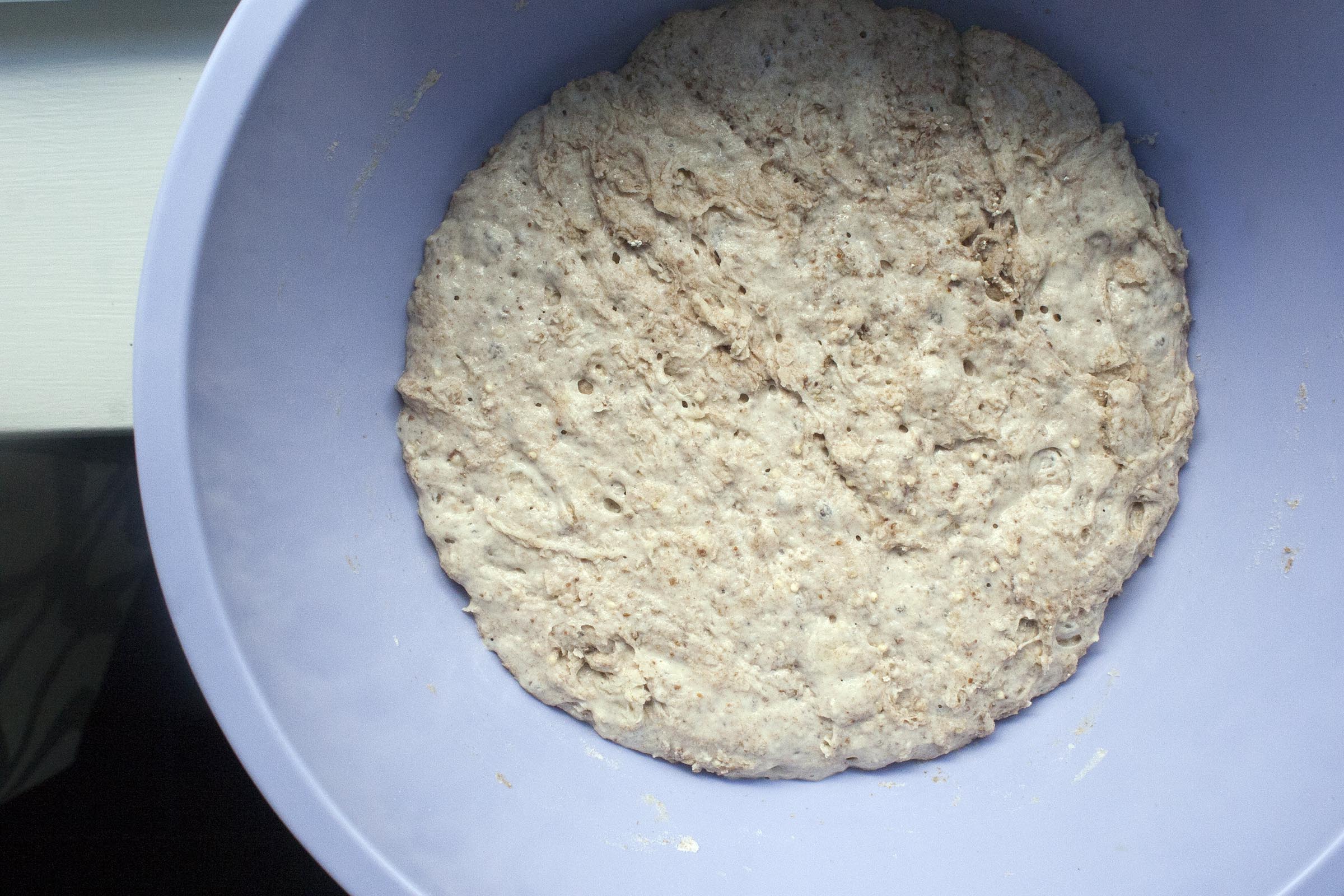 Whole What Dough Ready to be stretched for Whole Wheat, Millet and Flaxseed Pizza with Garlic Scape Pesto, Zucchini and Corn. www.lifeaswecookit.com