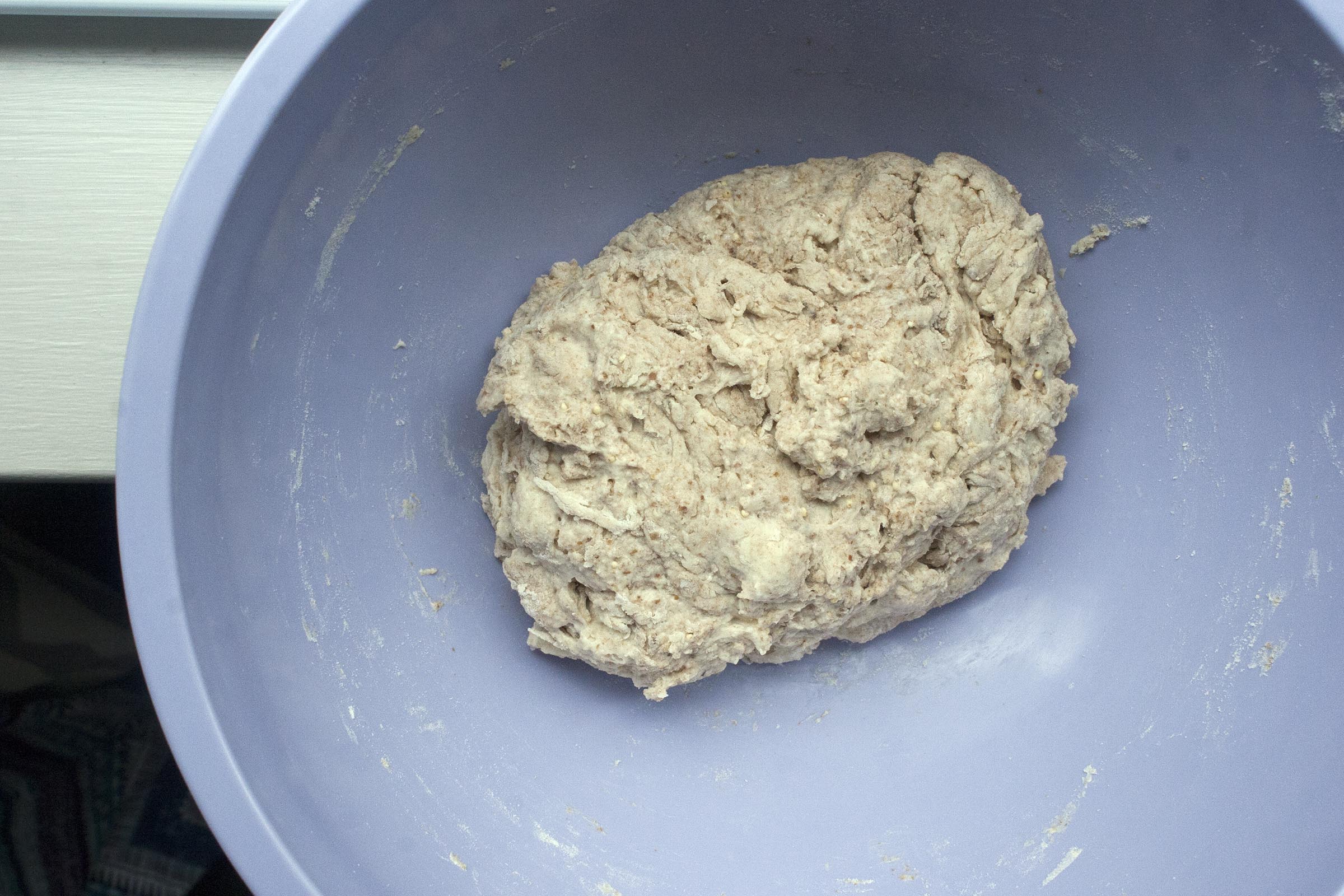 Whole What Dough Ready to be stretched for Whole Wheat, Millet and Flaxseed Pizza with Garlic Scape Pesto, Zucchini and Corn. www.lifeaswecookit.com