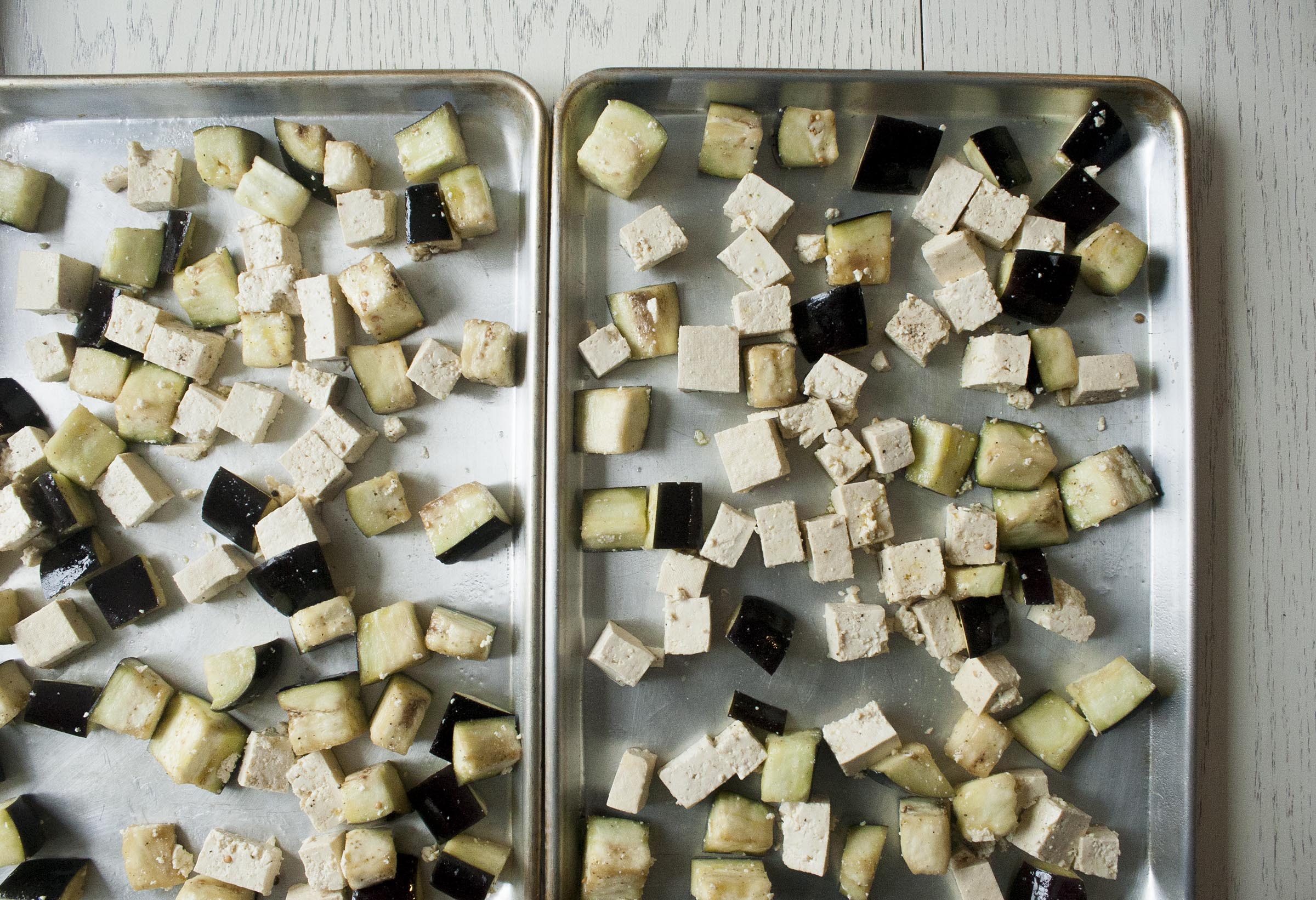 Eggplant and Tofu about to roast for Lemony Eggplant and Tofu Sheet Pan Roast. www.lifeaswecookit.com