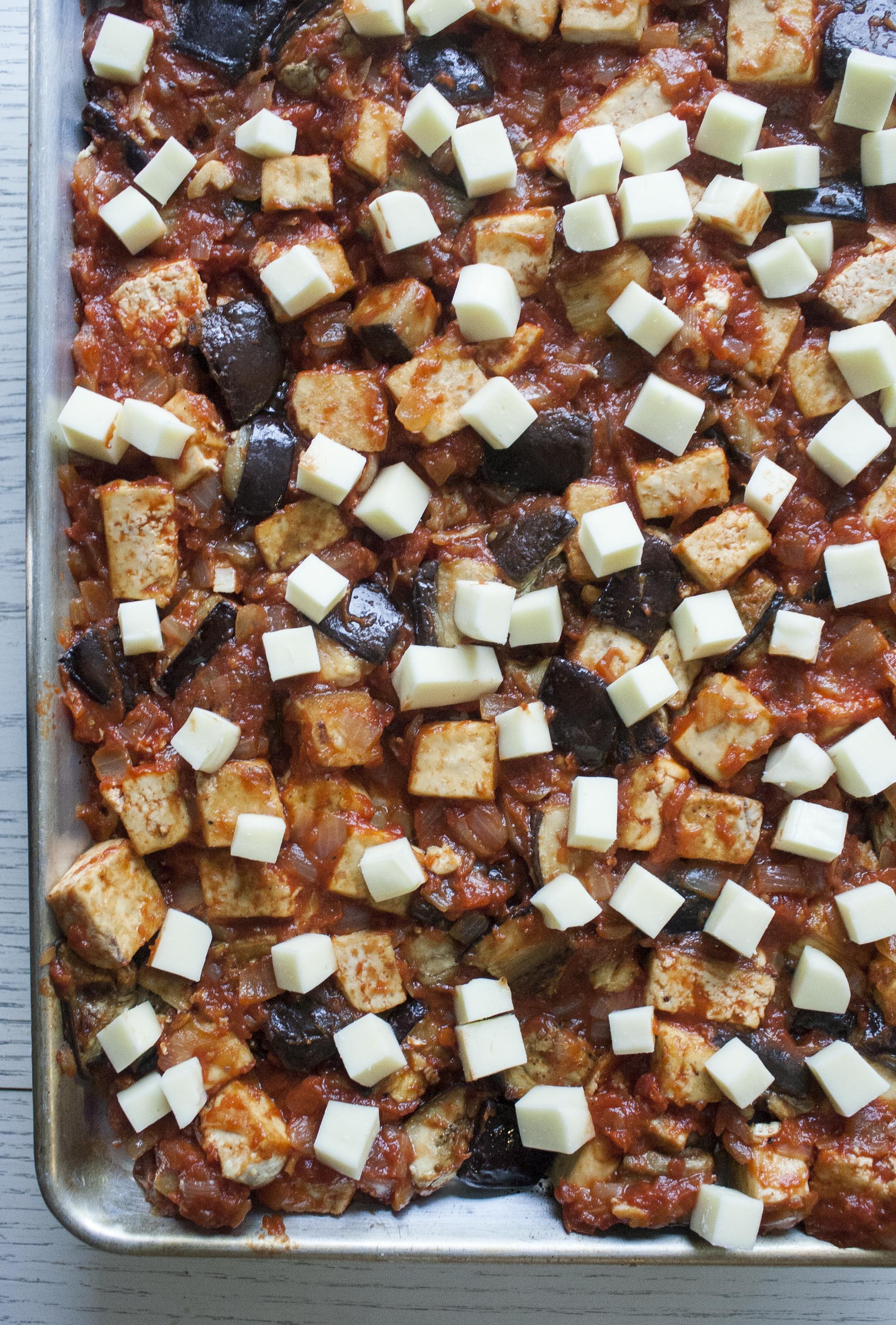 Lemony Eggplant and Tofu Sheet Pan Roast, ready to bake. www.lifeaswecookit.com