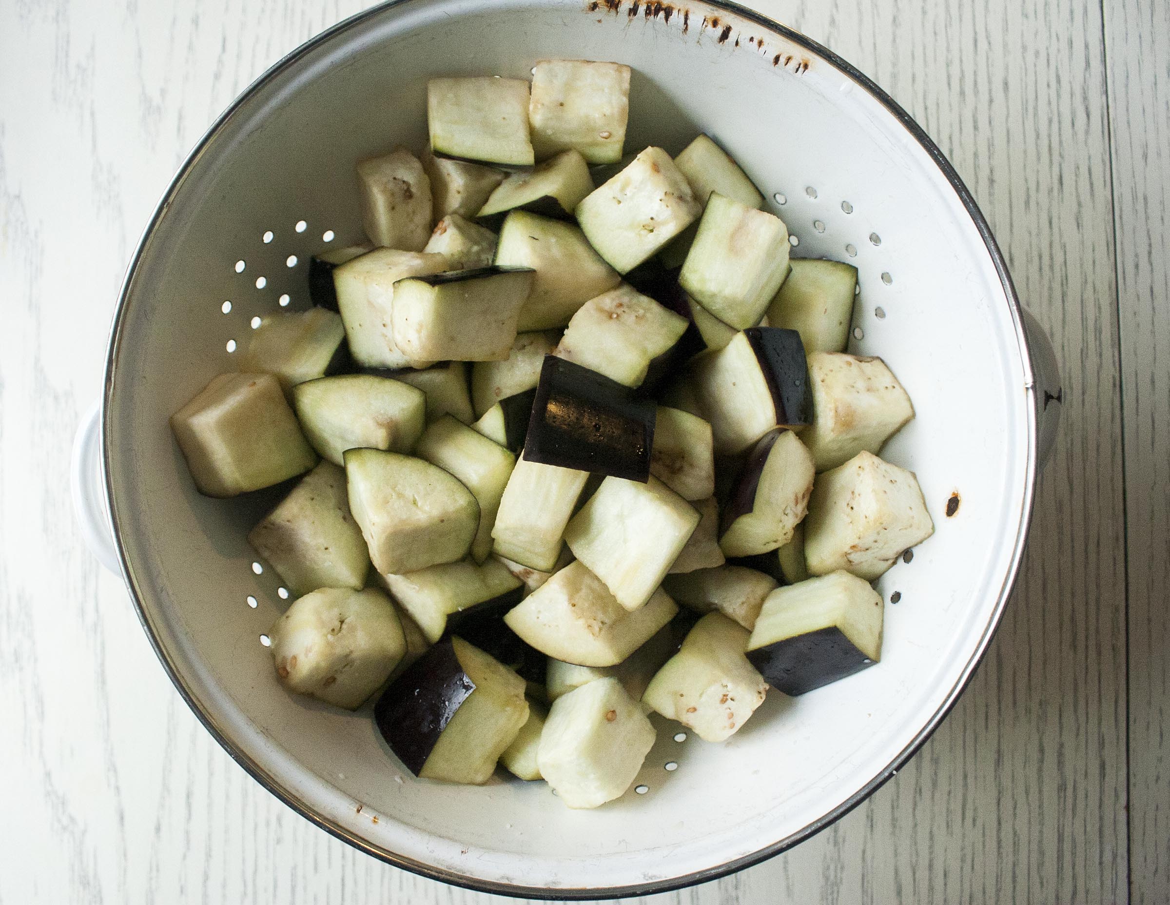 Salted Eggplant for Lemony Eggplant and Tofu Sheet Pan Roast. www.lifeaswecookit.com