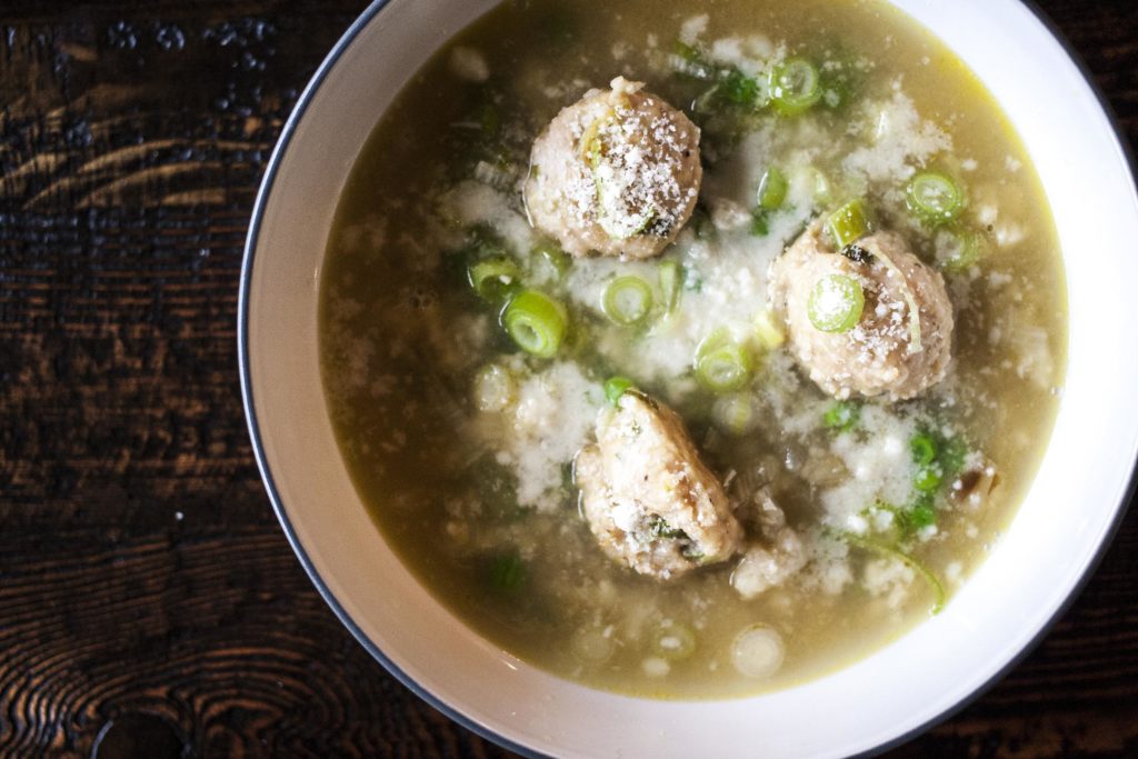 Grated Pasta, Lemon-Chicken Meatballs & Peas in Broth