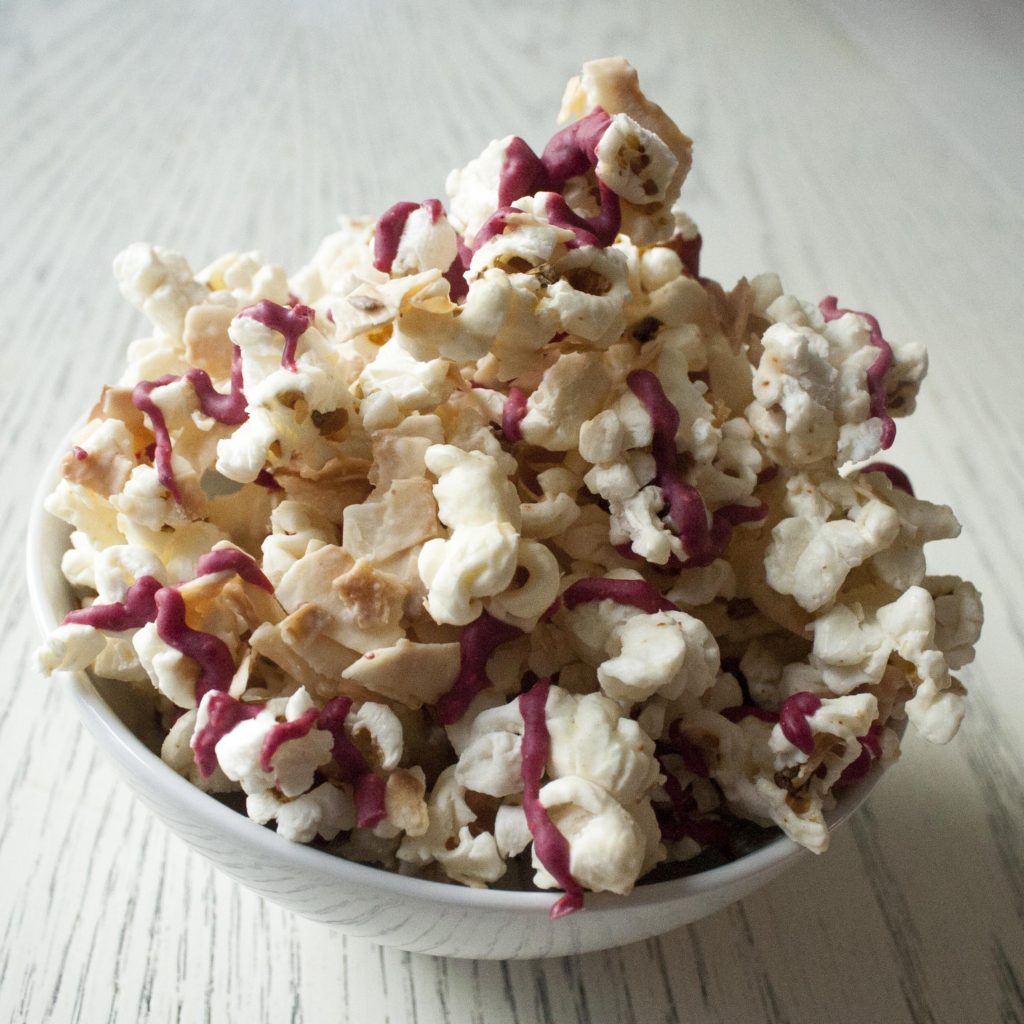Coconut & Raspberry-Drizzled White Chocolate Popcorn